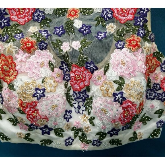 Xscape Floral Embellished Zip Up Crop Top Sz‎ 4 Formal Colorful Dainty Cropped - Picture 5 of 9